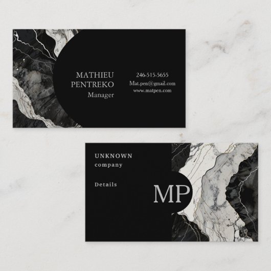 Modern zwart marmer en zilver formele douane visitekaartje (Voorkant / Achterkant)