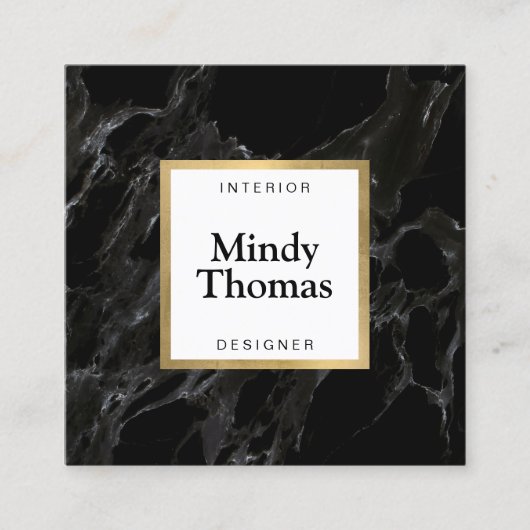 Modern Zwart Marmer Faux Gold Lijst Vierkante Visitekaartje (Voorkant)