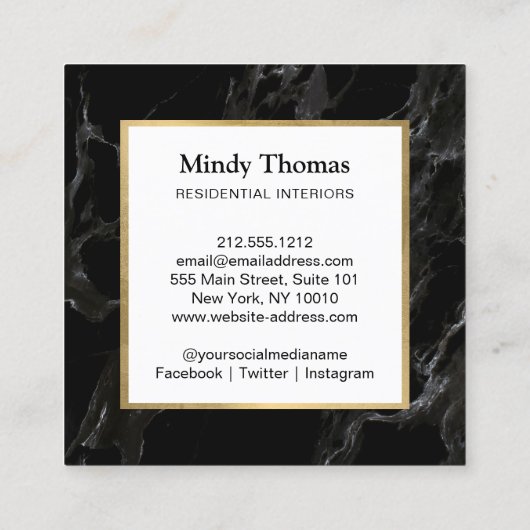 Modern Zwart Marmer Faux Gold Lijst Vierkante Visitekaartje (Achterkant)