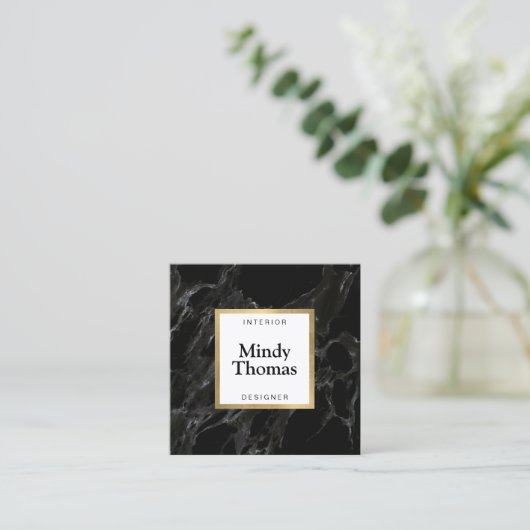 Modern Zwart Marmer Faux Gold Lijst Vierkante Visitekaartje (Staand voorkant)