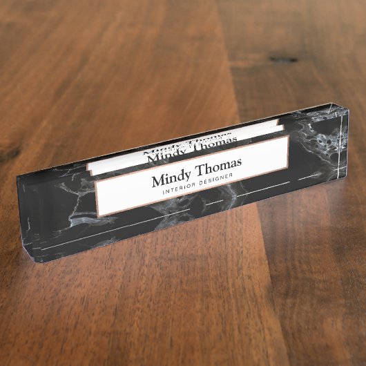 Modern Zwart Marmer Faux Roos Goud Lijst Naambordje (Zijkant)