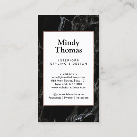 Modern Zwart Marmer Faux Roos Goud Lijst Visitekaartje (Achterkant)