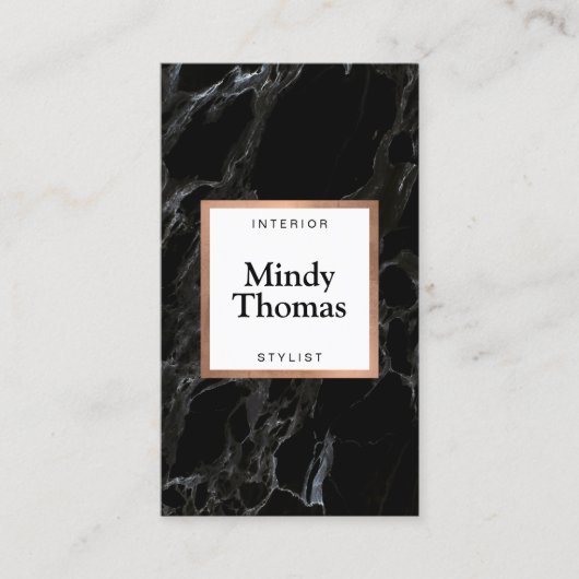 Modern Zwart Marmer Faux Roos Goud Lijst Visitekaartje (Voorkant)