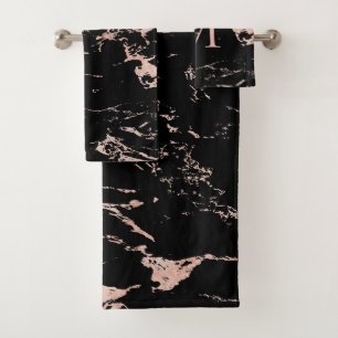 Modern zwart marmer Roos goudfolie monogram Bad Handdoek