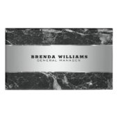 Modern zwart marmer zilveren streep accent naambadge (Voorkant)