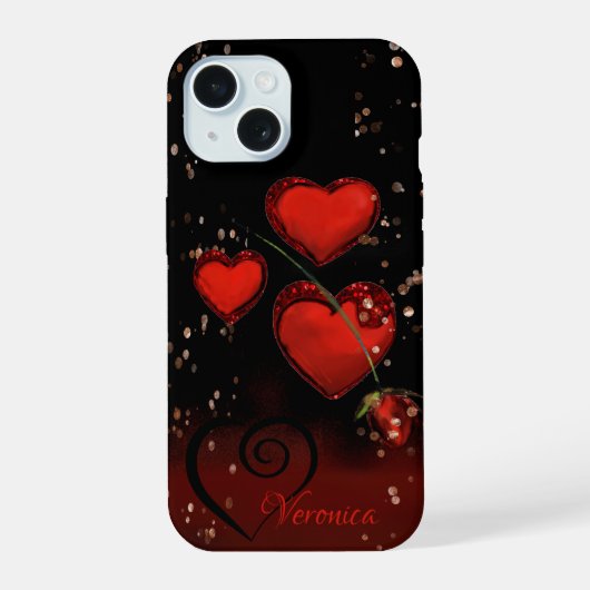 Modern zwart met rode harten iPhone 15 case (Achterkant)
