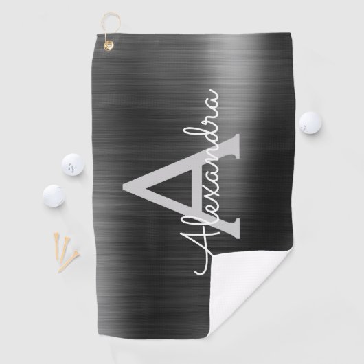 Modern Zwart Metallic Folie Monogram Naam Golfhanddoek (Insitu)