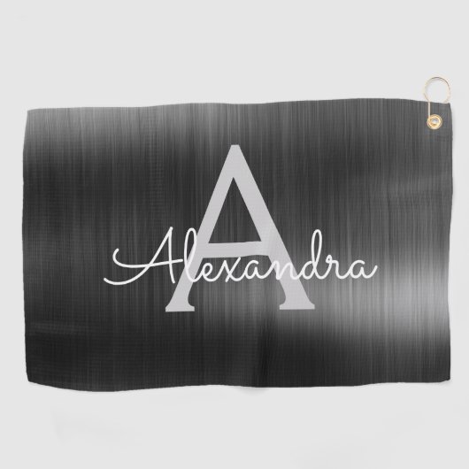 Modern Zwart Metallic Folie Monogram Naam Golfhanddoek (Horizontaal)