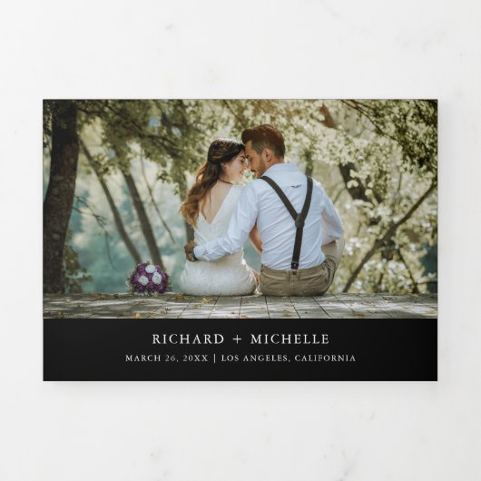 Modern Zwart Minimaal 3 in 1 Fotocollage Bruiloft Drieluik Uitnodiging (Cover)