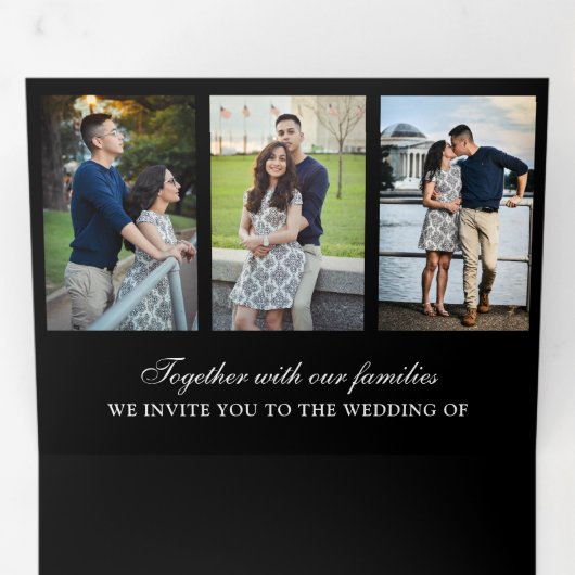 Modern Zwart Minimaal 3 in 1 Fotocollage Bruiloft Drieluik Uitnodiging (Binnenzijde eerst)