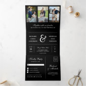 Modern Zwart Minimaal 3 in 1 Fotocollage Bruiloft Drieluik Uitnodiging (Binnen)