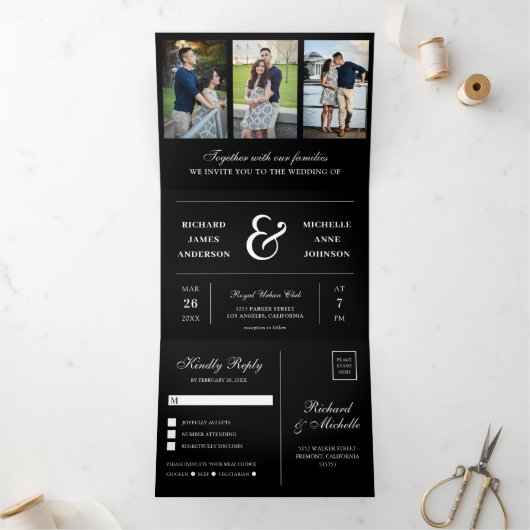 Modern Zwart Minimaal 3 in 1 Fotocollage Bruiloft Drieluik Uitnodiging (Binnen)