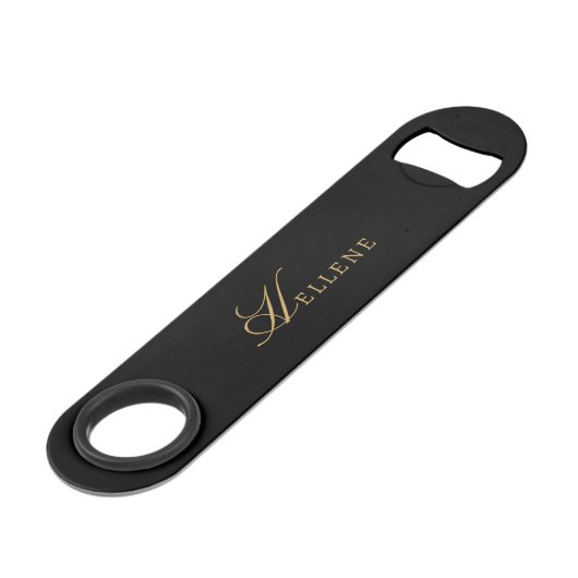 Modern Zwart minimaal & Goud Script Monogram Speed Flessenopener (Achterkant Gekanteld)