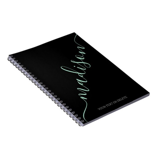 Modern zwart Mint Green Handgeschreven Naam Monogr Notitieboek (Rechterzijde)