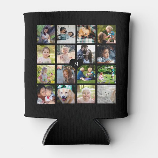 Modern zwart monogram 16 foto collage blikjeskoeler (Voorkant)
