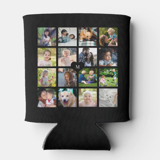 Modern zwart monogram 16 foto collage blikjeskoeler (Achterkant)