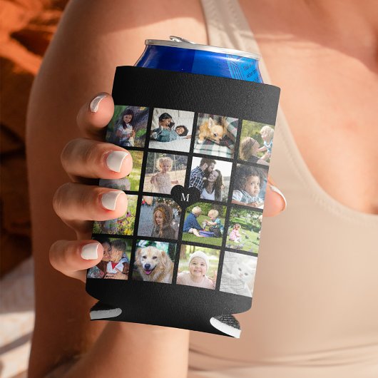 Modern zwart monogram 16 foto collage blikjeskoeler