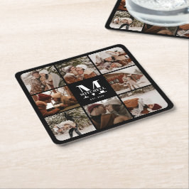 Modern Zwart Monogram Initiaal Familienaam & Foto Kartonnen Onderzetters