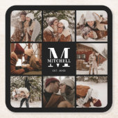 Modern Zwart Monogram Initiaal Familienaam & Foto Kartonnen Onderzetters (Voorkant)