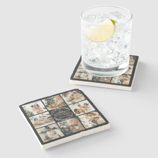 Modern Zwart Monogram Initiaal Familienaam & Foto Stenen Onderzetter (Zijkant)