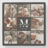 Modern Zwart Monogram Initiaal Familienaam & Foto Stenen Onderzetter (Voorkant)