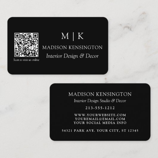 Modern zwart monogram of Logo QR-code toevoegen Visitekaartje (Voorkant / Achterkant)