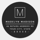 Modern zwart monogram retouradres ronde sticker (Voorkant)