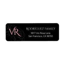 Modern zwart monogram roze roze rozen retouradres