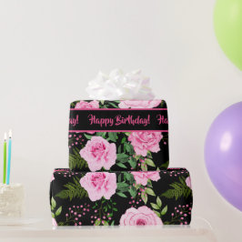 Modern zwart mooi roze rozen patroon cadeaupapier