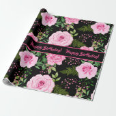 Modern zwart mooi roze rozen patroon cadeaupapier (Uitgerold)
