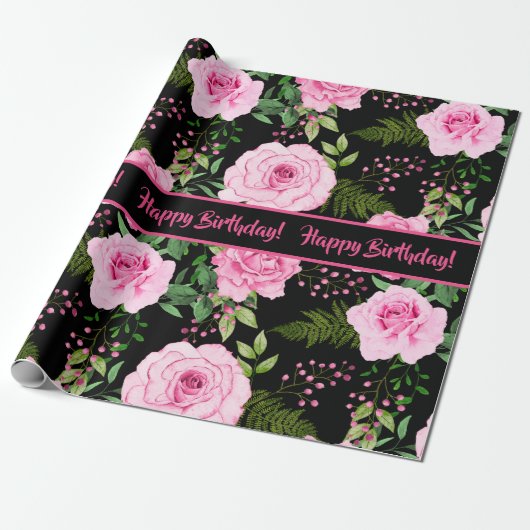 Modern zwart mooi roze rozen patroon cadeaupapier (Uitgerold)