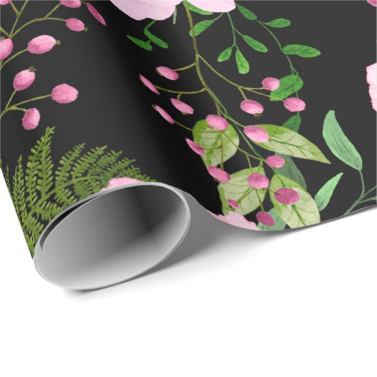 Modern zwart mooi roze rozen patroon cadeaupapier (Rol Hoek)
