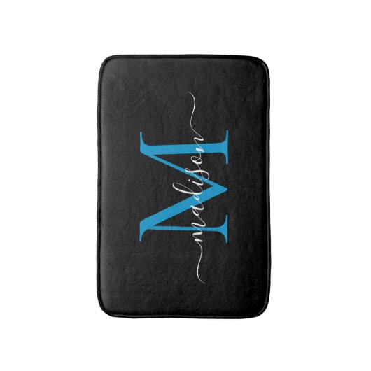 Modern zwart oceaan blauw monogram script elegant badmat (Voorkant Verticaal)