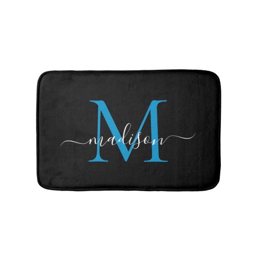 Modern zwart oceaan blauw monogram script elegant badmat (Voorkant)