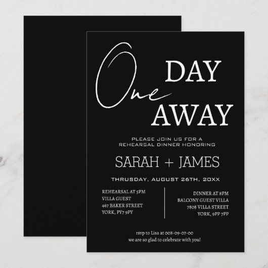 Modern zwart op een dag weg repetitie diner kaart (Voorkant / Achterkant)