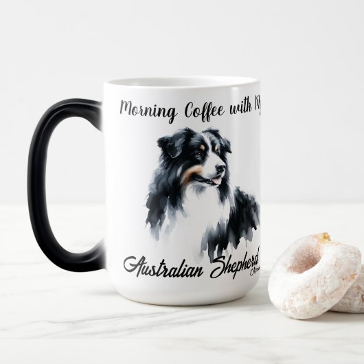 Modern zwart op witte koffie Australian Shepherd Magische Mok (Met donut)