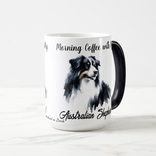 Modern zwart op witte koffie Australian Shepherd Magische Mok (Voorkant rechts)
