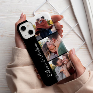 Modern zwart paar namen 3 foto collage Case-Mate iPhone case