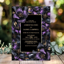 Modern zwart Paarse grijs bloemenhuwelijk Kaart