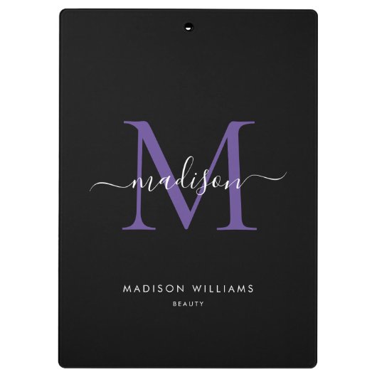 Modern zwart Paarse Monogram Elegant Script Naam Klembord (Achterkant)