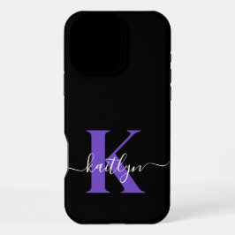 Modern zwart-Paarse scriptmonogram iPhone 16 Pro Max Hoesje