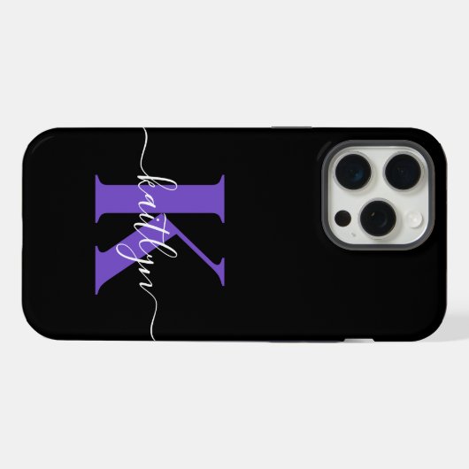 Modern zwart-Paarse scriptmonogram iPhone Hoesje (Achterkant horizontaal)