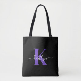 Modern zwart-Paarse scriptmonogram Tote Bag