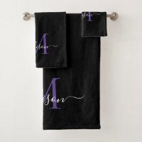 Modern zwart Paarse Violet Monogram Script Naam