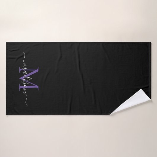 Modern zwart Paarse Violet Monogram Script Naam Badhanddoek (Badhanddoek)