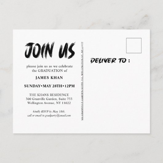 Modern zwart penseelscript, Afstuderen volledige f Uitnodiging Briefkaart (Achterkant)