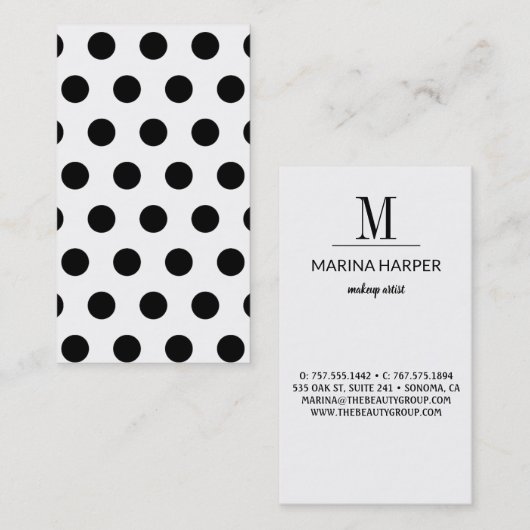 Modern Zwart Polka Dots Initiaal Sjabloon Visitekaartje (Voorkant / Achterkant)