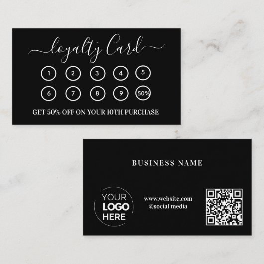 Modern Zwart QR Code Business Logo Klantenkaartje (Voorkant / Achterkant)