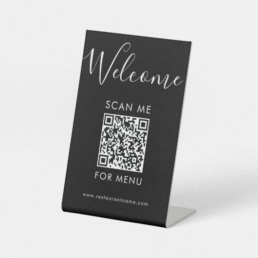 Modern Zwart QR Code Menu Welkom Scan Me Reclamebord Met Voetstuk (Voorkant)