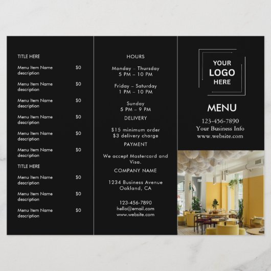 Modern Zwart Restaurant Foto Afhaalmenu Ontwerp (Voorkant)